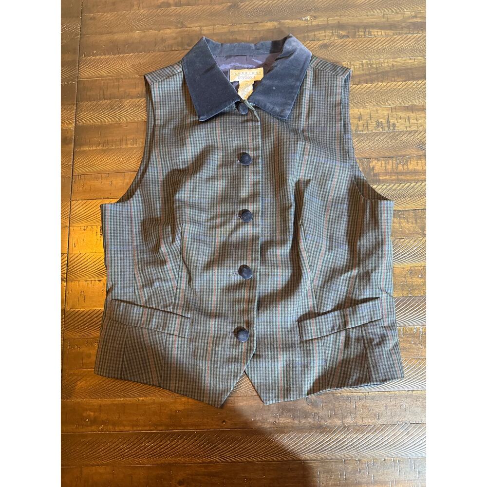 Vintage Y2K Cambridge DryGoods Plaid Vest Velvet Collar Buttons Wool Blend Large
